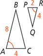 Triangle ABC has side AB measuring 8, side AC measuring 4. Triangle RQP has side RQ measuring 4 and side RP measuring 2. Angle A is congruent to angle R.