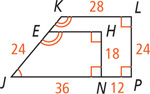 Trapezoid JKLP has side KL measuring 28 and side LP measuring 24. Trapezoid JEHN is inside with side JE measuring 24, side HN measuring 18, and side JN measuring 36. Segment NP measures 12. Angle K and E are congruent. Angles L, P, H, and N are right angles.