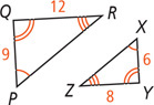 Triangle PQR has side PQ measuring 9 and side QR measuring 12. Triangle XYZ has side XY measuring 6 and side YZ measuring 8. Angles P and X are congruent, angles Q and Y are congruent, and angles R and Z are congruent.