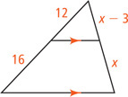 A triangle has a segment parallel to the bottom side dividing the left side into segments measuring 12 and 16, from top to bottom, and right side into segments measuring x minus 3 and x, from top to bottom.