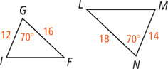 Triangle GFI has angle G 70 degrees, side GF measuring 16, and side GI measuring 12. Triangle NLM has angle N 70 degrees, side NL measuring 18, and side NM measuring 14.