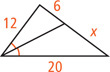 A triangle has two sides measuring 12 and 20 with an angle bisector from the angle between them dividing the third side into a segment measuring 6, adjacent the side measuring 12, and a segment measuring x, adjacent the side measuring 20.