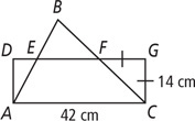 Triangle ABC and quadrilateral ADGC share side AC, measuring 42 centimeters, with side DG intersecting AB and E and BC at F. Side GC, measuring 14 centimeters, is congruent to segment FG.