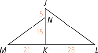Triangle KMN has side KN on side KJ of triangle KLJ. Side MK, measuring 21, forms a straight segment with side LK, measuring 28. Side KN measures 15 and segment NJ measures 5.