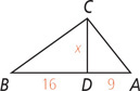 Triangle ABC is divided by a segment measuring x from C to D on side AB, creating triangles ACD and BCD, with side AD measuring 9 and side BD measuring 16.