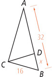 Triangle ABC is divided by a segment measuring from C to D on side AB, which measures 32, creating triangles ACD and BCD, with side BC measuring 16 and side BD measuring x.