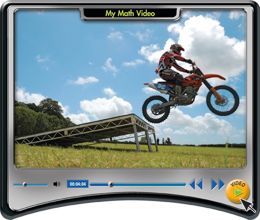 A My Math Video screen displays a person driving a dirt bike off a ramp.