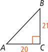Right triangle ABC has leg AC measuring 20 and leg BC measuring 21.