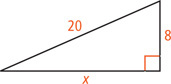 A right triangle has legs measuring 8 and x and hypotenuse measuring 20.