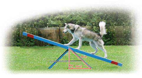 A seesaw has its base forming a right triangle with base leg measuring 26 inches and hypotenuse measuring 36 inches.