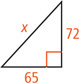 A right triangle has legs measuring 65 and 72 and hypotenuse measuring x.