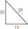 A triangle has legs measuring 19, 20, and 28.