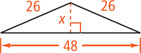A triangle has two sides measuring 26 with an altitude line measuring x extending to the third side, which measures 48.