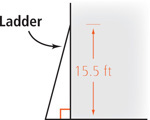 A ladder forms the hypotenuse of a right triangle with height 15.5 feet.
