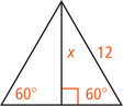 A triangle with bottom two angles measuring 60 degrees and right side measuring 12 has an altitude line measuring x extending to the bottom side.
