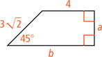A trapezoid has side between the right angles measuring a, bottom base measuring b, top base measuring 4, left side measuring 3 radical 2, and angle between bottom and left sides measuring 45 degrees.