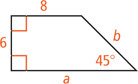 A trapezoid has side between the right angles measuring 6, bottom base measuring a, top base measuring 8, right side measuring b, and angle between bottom and right sides measuring 45 degrees.