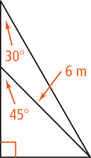 A right triangle has hypotenuse measuring 6 meters meeting the vertical leg at a 45 degree angle. A longer hypotenuse extends from the same spot on the ground and meets the vertical at a 30 degree angle.