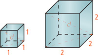 A cube with sides measuring 1 has diagonal d. A larger cube with sides measuring 2 has diagonal d.