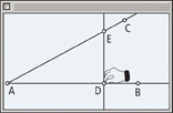 A geometry software screen has acute angle CAB, with horizontal ray AB and a vertical line passing through D on side AB and E on side AC.