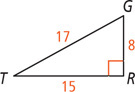 Right triangle TGR has hypotenuse TG measuring 17, leg GR measuring 8, and leg TR measuring 15.