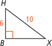 Right triangle HBX has hypotenuse HX measuring 10 and leg HB measuring 6.