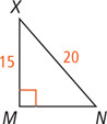 Right triangle XMN has hypotenuse XN measuring 20 and leg XM measuring 15.