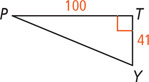 Right triangle PTY has leg PT measuring 100 and leg TY measuring 41.