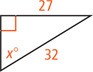 A right triangle has hypotenuse measuring 32 a leg measuring 27 opposite an angle measuring x degrees.