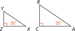 Right triangle XYZ has right angle at Z and 35 degree angle at X. Right triangle ABC has right angle at C and a 35 degree angle at A.
