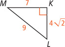 Right triangle KLM has hypotenuse LM measuring p, leg LK measuring 4 radical 2, and leg MK measuring 7.