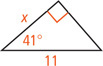 A right triangle has hypotenuse measuring 11 and a leg measuring x adjacent to a 41 degree angle.