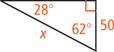 A right triangle has hypotenuse measuring x and a leg measuring 50 opposite a 28 degree angle and adjacent a 62 degree angle.