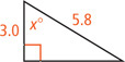 A right triangle has hypotenuse measuring 5.8 and a leg measuring 3.0 adjacent an angle measuring x degrees.