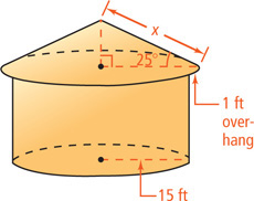 The slant of a roof, measuring x, forms the hypotenuse of a right triangle with base leg 15 feet plus a 1-foot overhang, at a 25 degree angle from the hypotenuse.