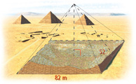 A pyramid has a square base with sides measuring 82 meters. A right triangle inside has bottom angle measuring 52 degrees, and vertical leg from the center of the base to the peak.