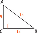 Triangle ABC has hypotenuse AB measuring 15, leg AC measuring 9, and leg BC measuring 12.