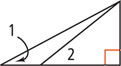 A right triangle with angle 1 and the right angle at the bottom has a segment from the top vertex to the bottom side, forming a smaller right triangle with angle 2 on bottom.