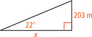 A right triangle has a 22 degrees adjacent the leg measuring x and opposite the leg measuring 203 meters.