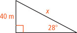 A right triangle has hypotenuse x and a leg measuring 40 meters opposite a 28 degree angle.