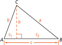 Triangle ABC has altitude line h meeting side c, with segment c subscript 1 baseline adjacent to angle A and segment c subscript 2 baseline adjacent to angle B.