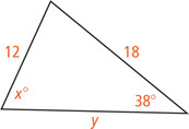 A triangle has a side measuring y, a side measuring 12 opposite a 38 degree angle, and a side measuring 18 opposite an angle measuring x degrees.