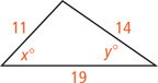 A triangle has a side measuring 19, a side measuring 11 opposite an angle measuring y degrees, and a side measuring 14 opposite an angle measuring x degrees.