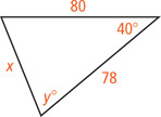 A triangle has a side measuring 78, a side measuring 80 opposite an angle measuring y degrees, and a side measuring x opposite a 40 degree angle.