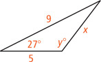 A triangle has a side measuring 5, a side measuring 9 opposite an angle measuring y degrees, and a side measuring x opposite a 27 degree angle.