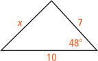 A triangle has a side measuring 7, a side measuring 10, and a side measuring x opposite a 48 degree angle.