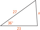 A triangle has a side measuring 23, a side measuring 27, and a side measuring x opposite a 36 degree angle.