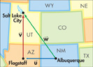 A map has vector u extending left from Albuquerque to Flagstaff, vector v extending up from Flagstaff to Salt Lake City, and vector w extending up to the left from Albuquerque to Salt Lake City.