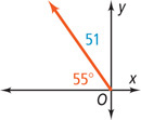 A graph of a vector with magnitude 51 extends up from the origin at 55 degrees from the negative x-axis.
