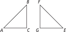 Triangle ABC has horizontal side AC and vertical side BC. Triangle EFG has horizontal leg EG and vertical leg FG.